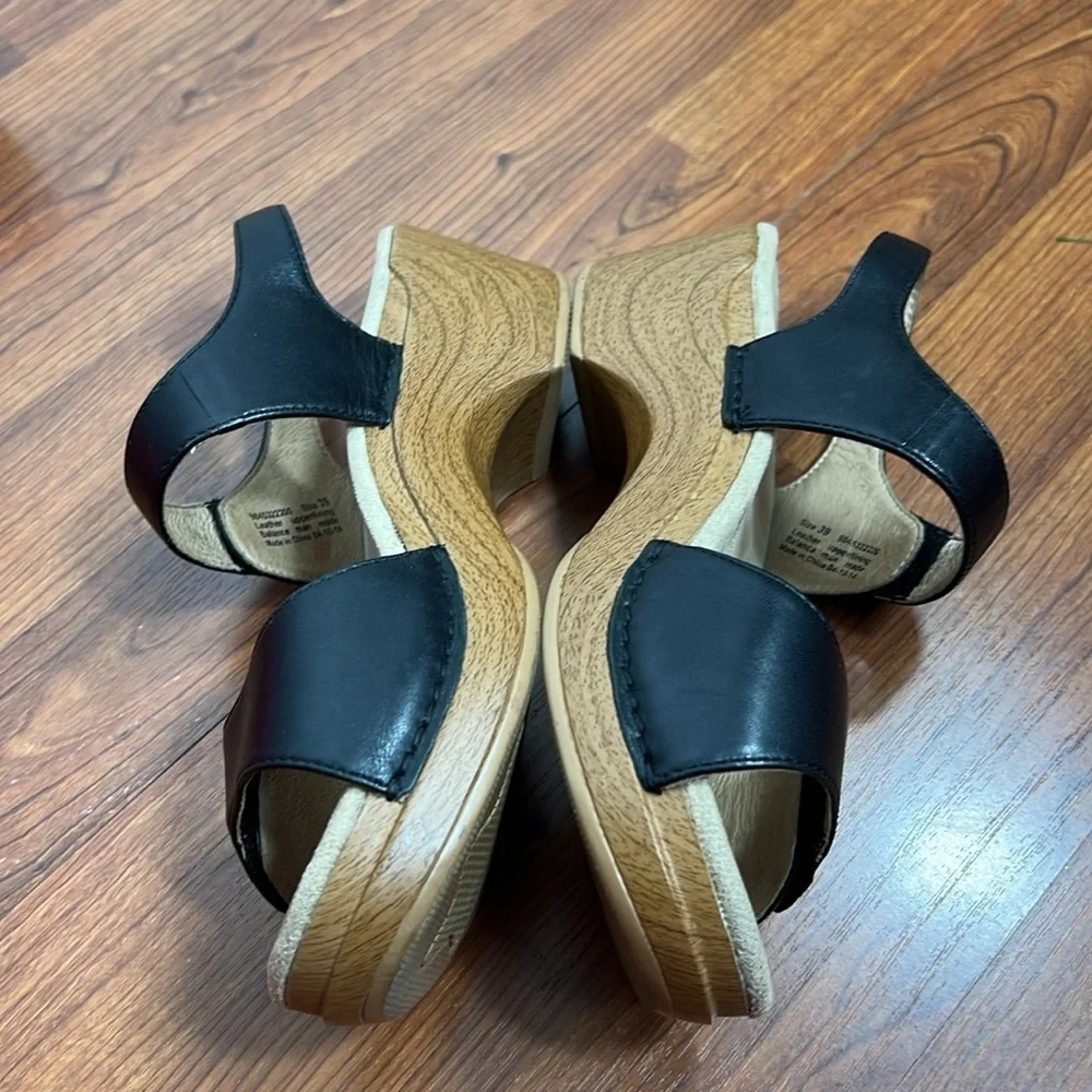 Dansko Sonnet Sz 39 Leather Sandal Wood Block Platform Black